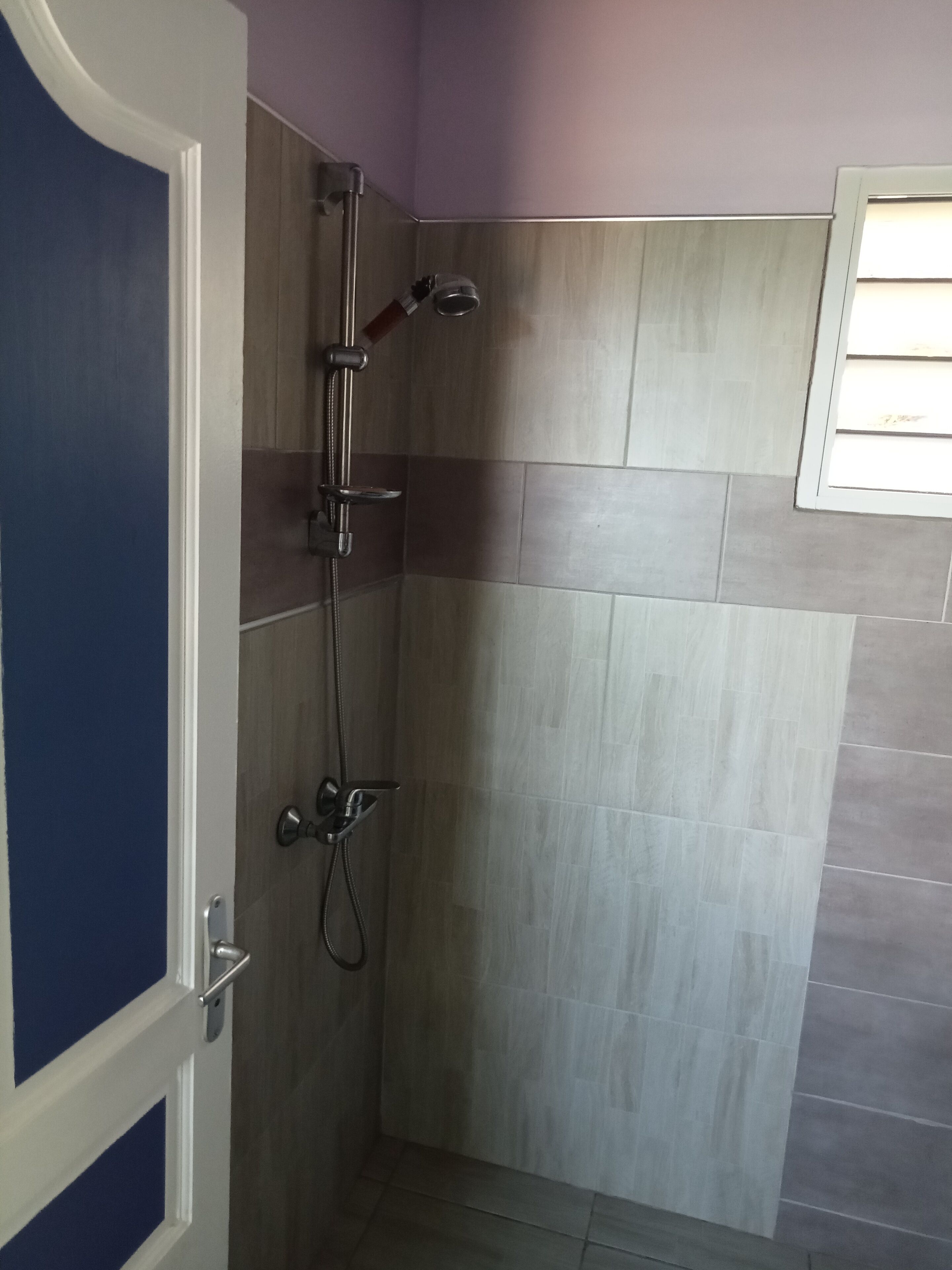 Une salle de bain avec une douche, des murs carrelés et une porte avec un panneau bleu.