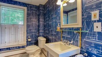 Combined shower/tub, hair dryer, towels, soap
