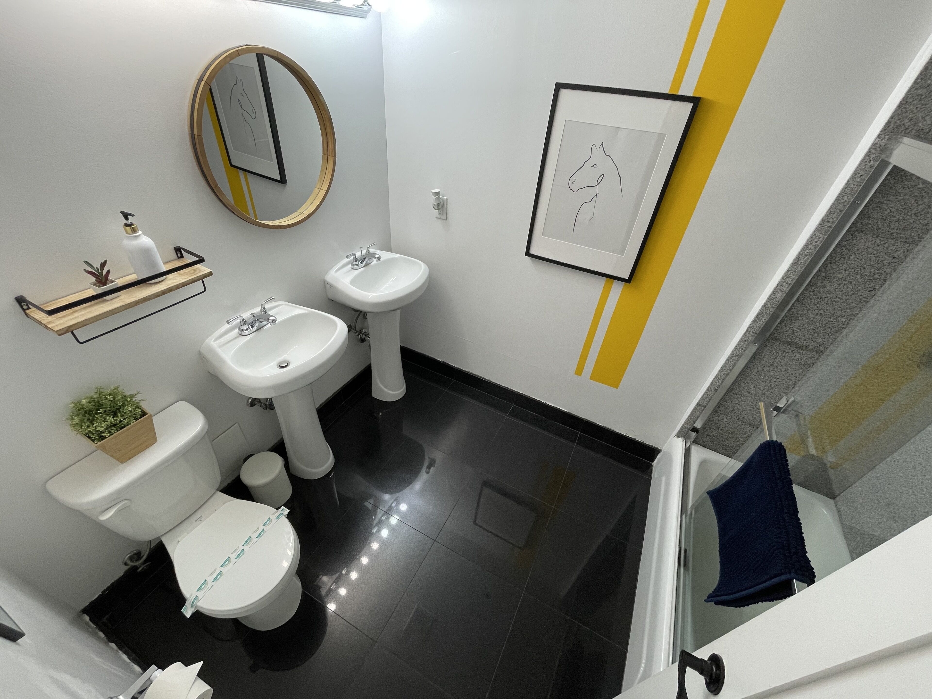 Un bagno moderno con servizi igienici, bidet e lavandino. Alle pareti ci sono quadri incorniciati, un piccolo ripiano con una pianta e un asciugamano su un portasci.