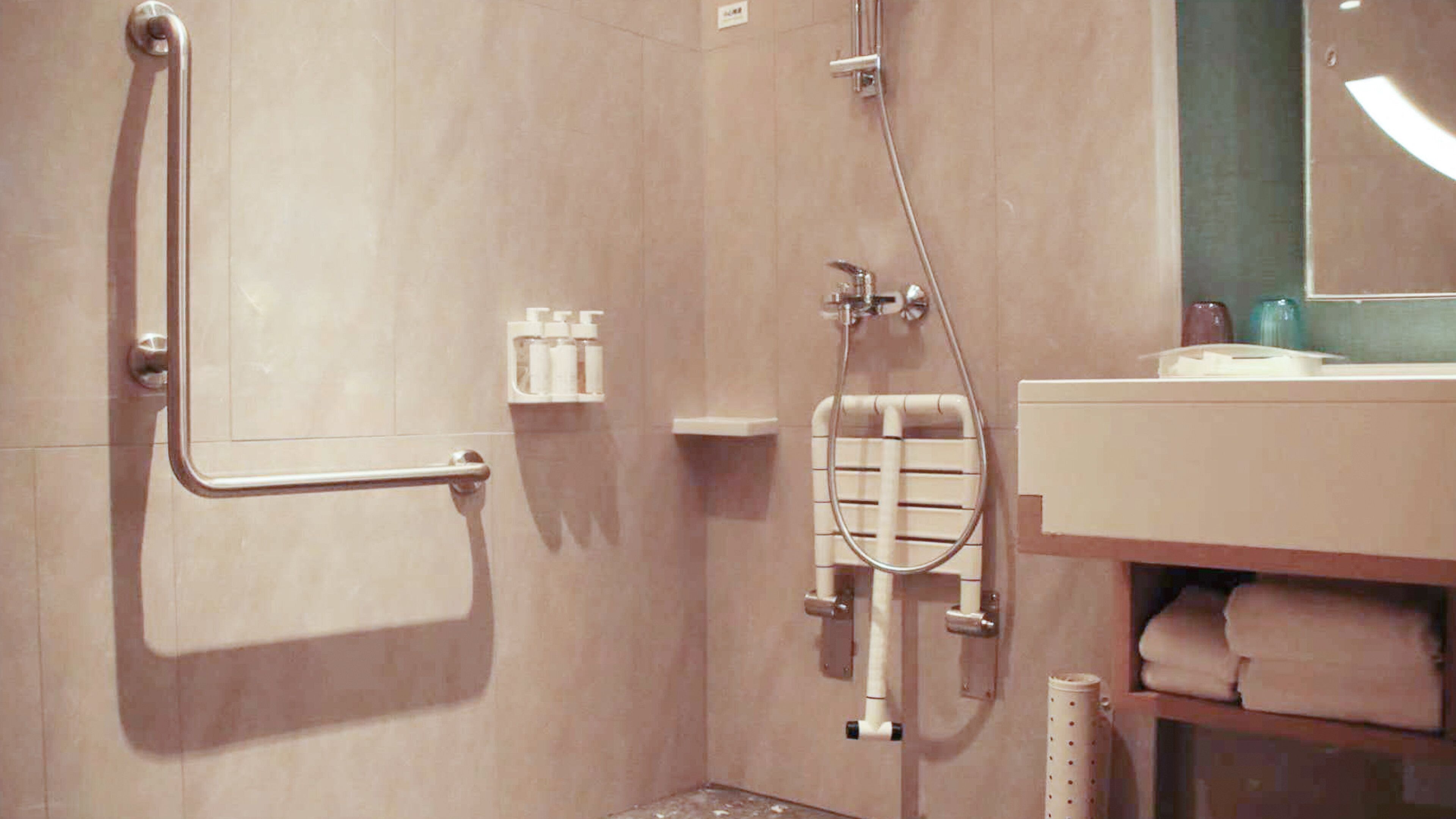 Une salle de bain équipée d’une douche à l’italienne, de barres d’appui, d’un porte-serviettes et d’un support à papier toilette.