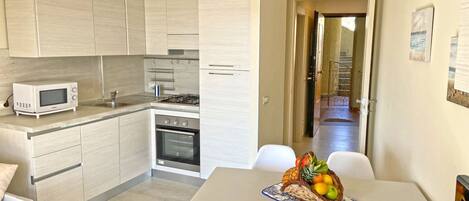 Fridge, microwave, stovetop, electric kettle