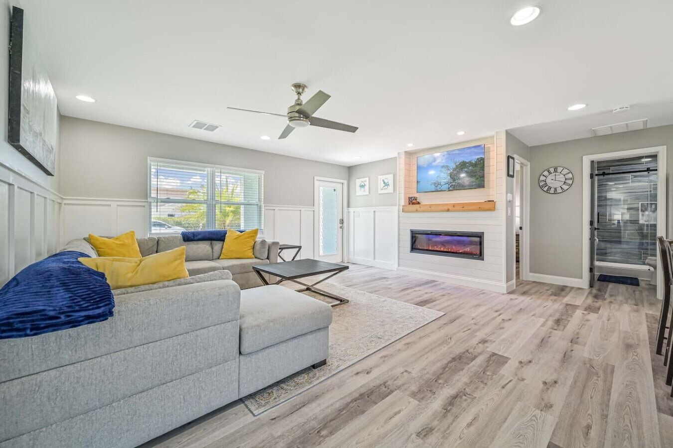 Smart TV, fireplace, books