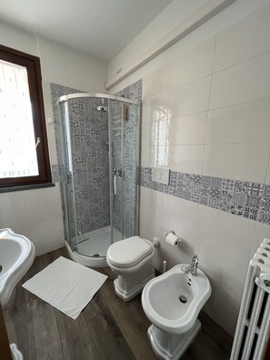Regadera, secadora de cabello, bidet, toallas