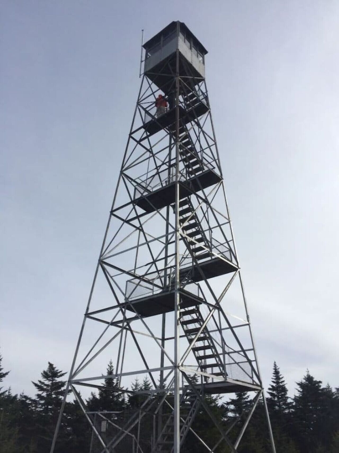 Un'alta torre in metallo con una scala che conduce a una piattaforma in cima.
