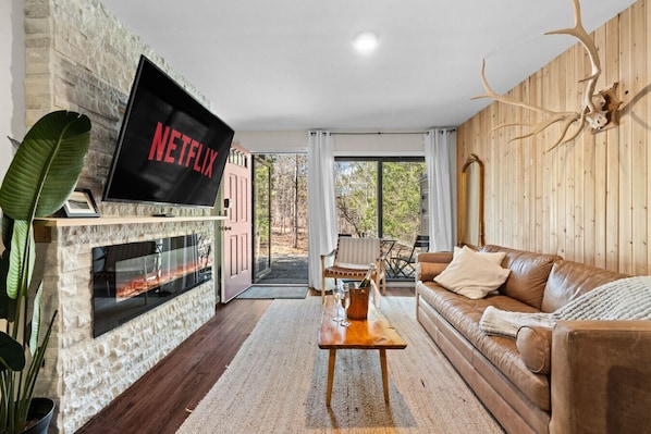 Televisie, een open haard, videospelletjes en een stereo