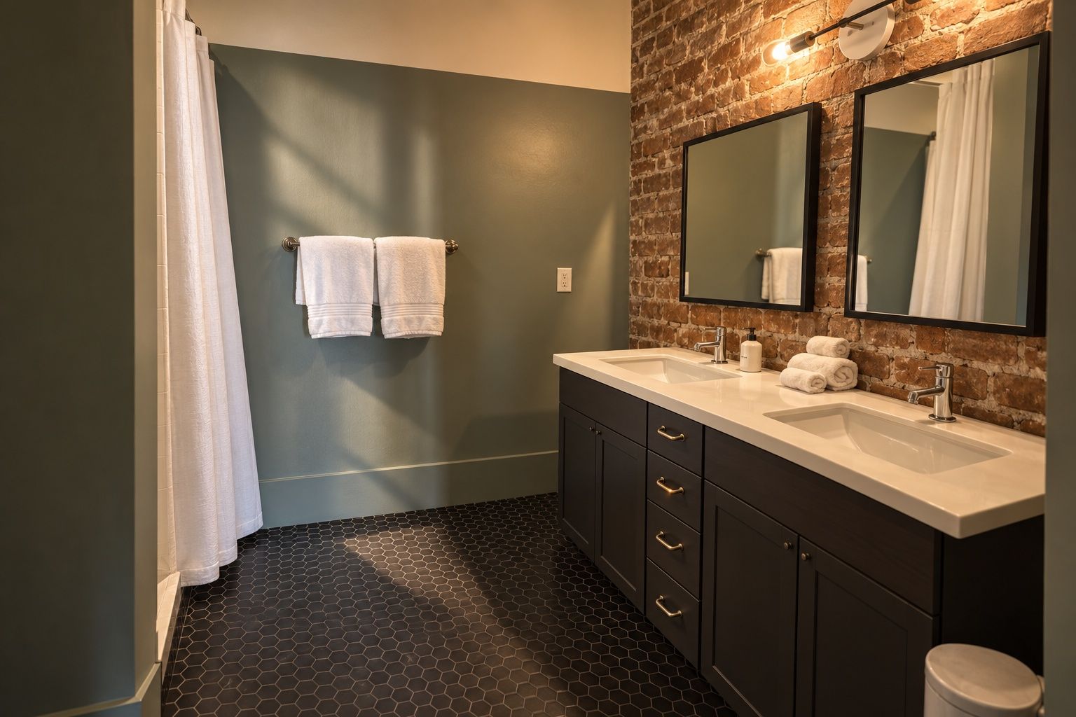 A modern bathroom with two sinks, dark cabinetry, and a brick accent wall.