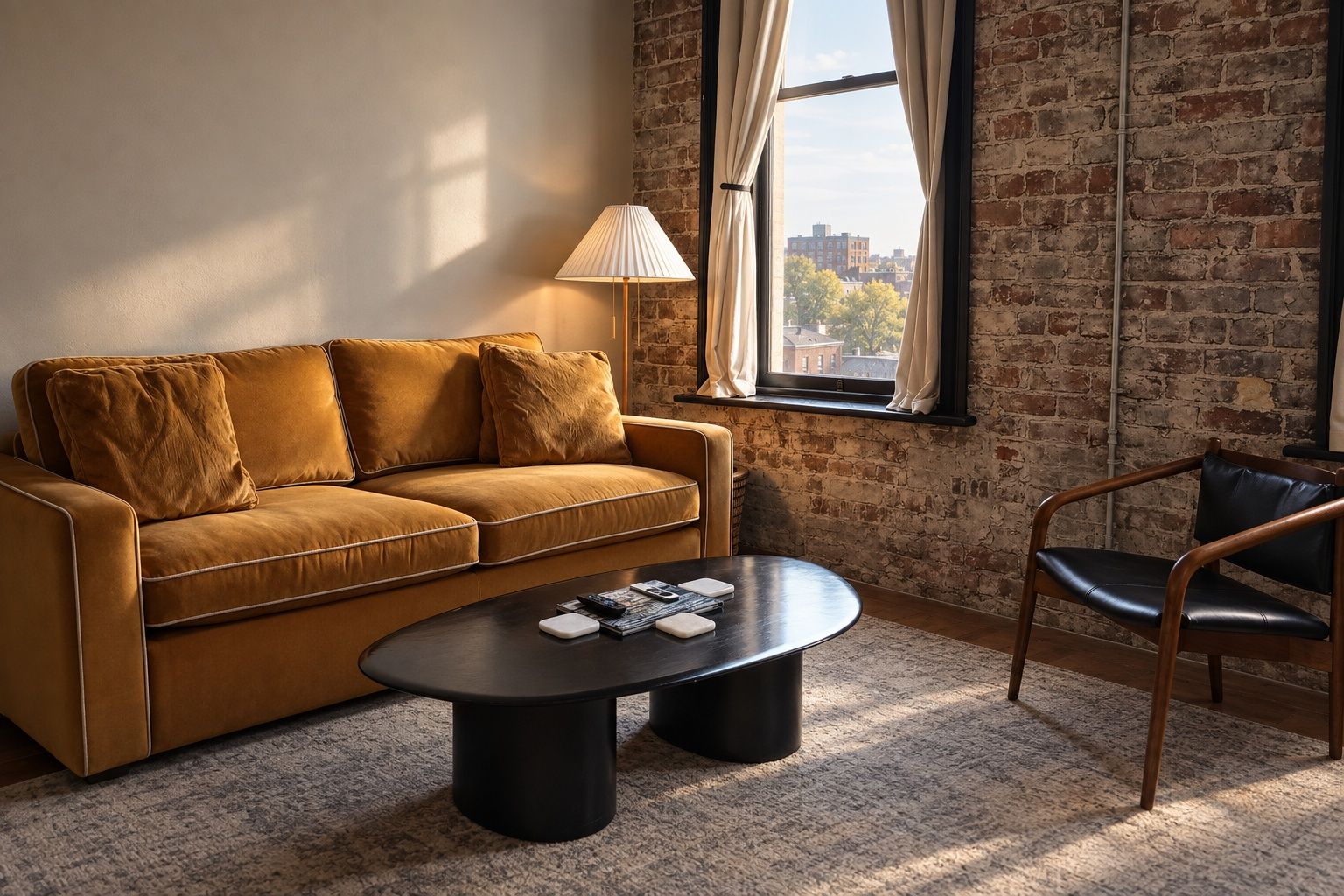 Ein gemütliches Wohnzimmer mit einem braunen Sofa, einem runden Couchtisch und einem Holzstuhl.
