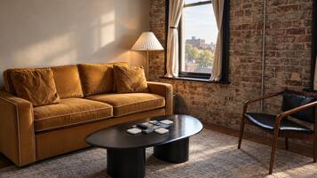 Ein gemütliches Wohnzimmer mit einem braunen Sofa, einem runden Couchtisch und einem Holzstuhl.