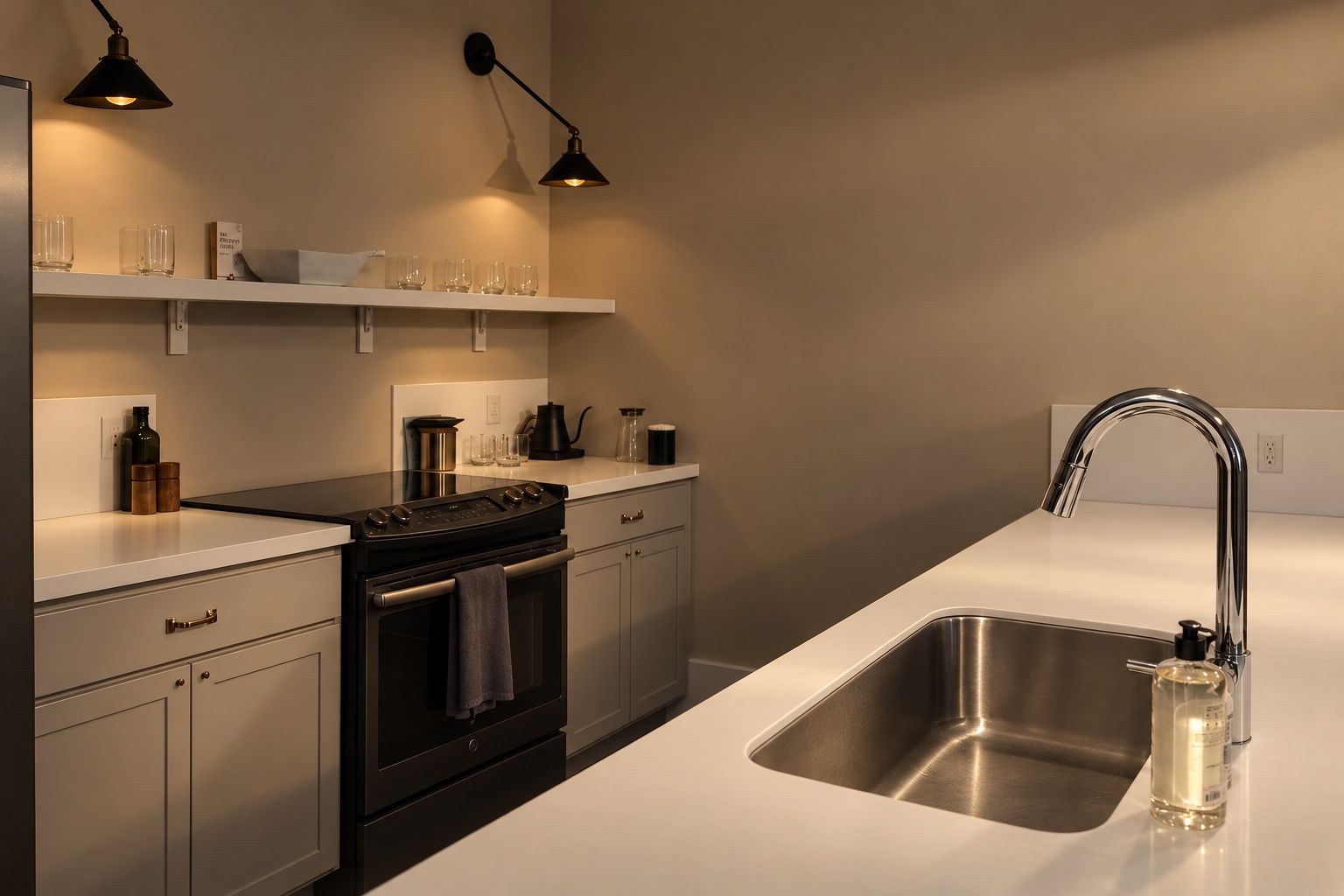 Een moderne keuken met een roestvrijstalen spoelbak, een zwart fornuis en twee hanglampen.