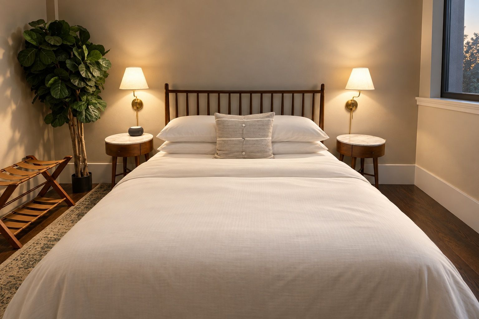 A neatly made bed with a wooden headboard, two bedside lamps, a potted plant, and a small wooden table with a chair.