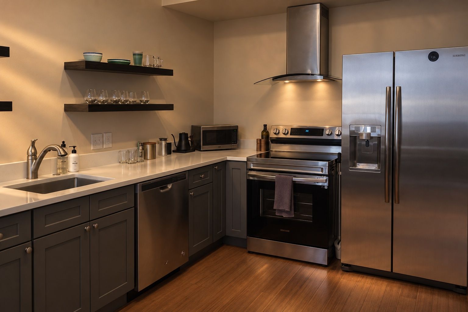 Uma cozinha moderna com eletrodomésticos em aço inoxidável, incluindo geladeira, forno e micro-ondas.