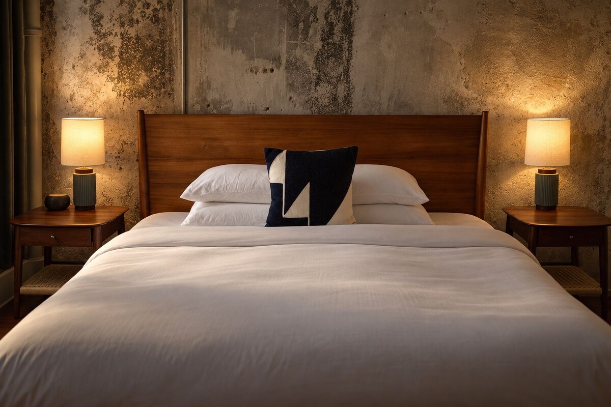 Una habitación de hotel con una cama grande, dos mesitas de noche y un muro con textura.