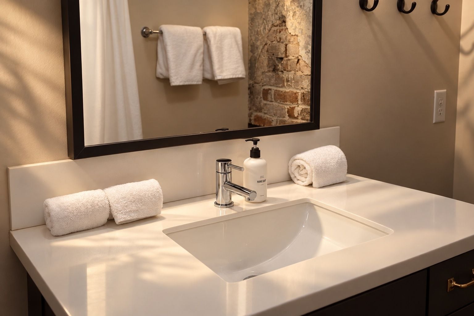 A bathroom with a white sink, a mirror, and two towels.
