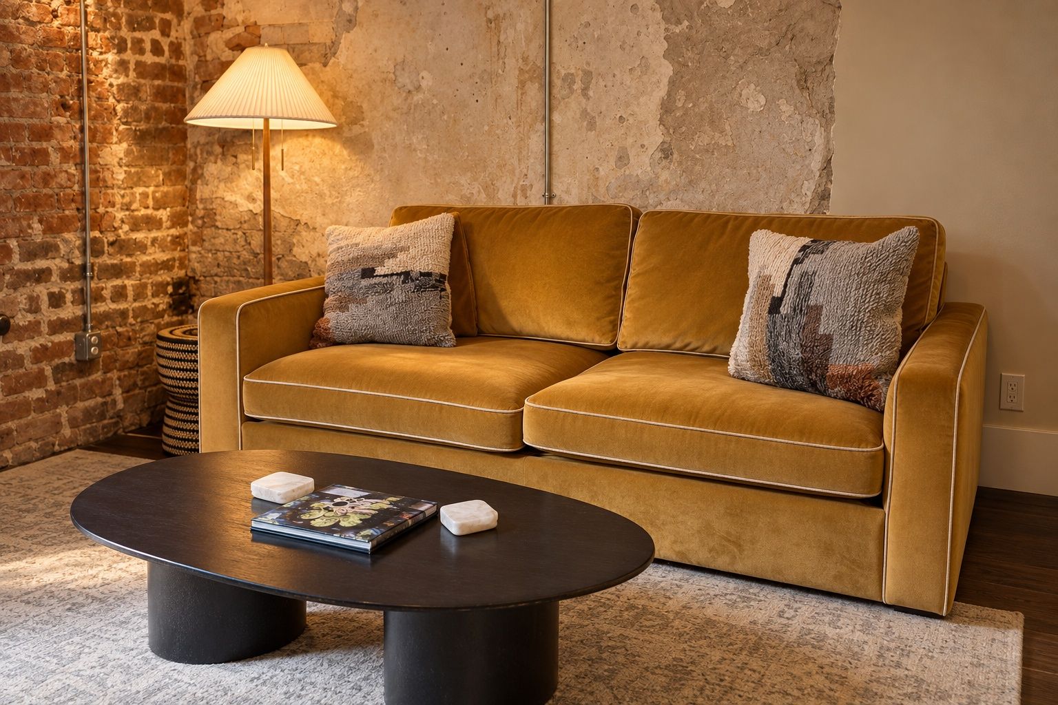 A modern living room with a sofa, two pillows, a lamp, and a coffee table with books and decorative items.