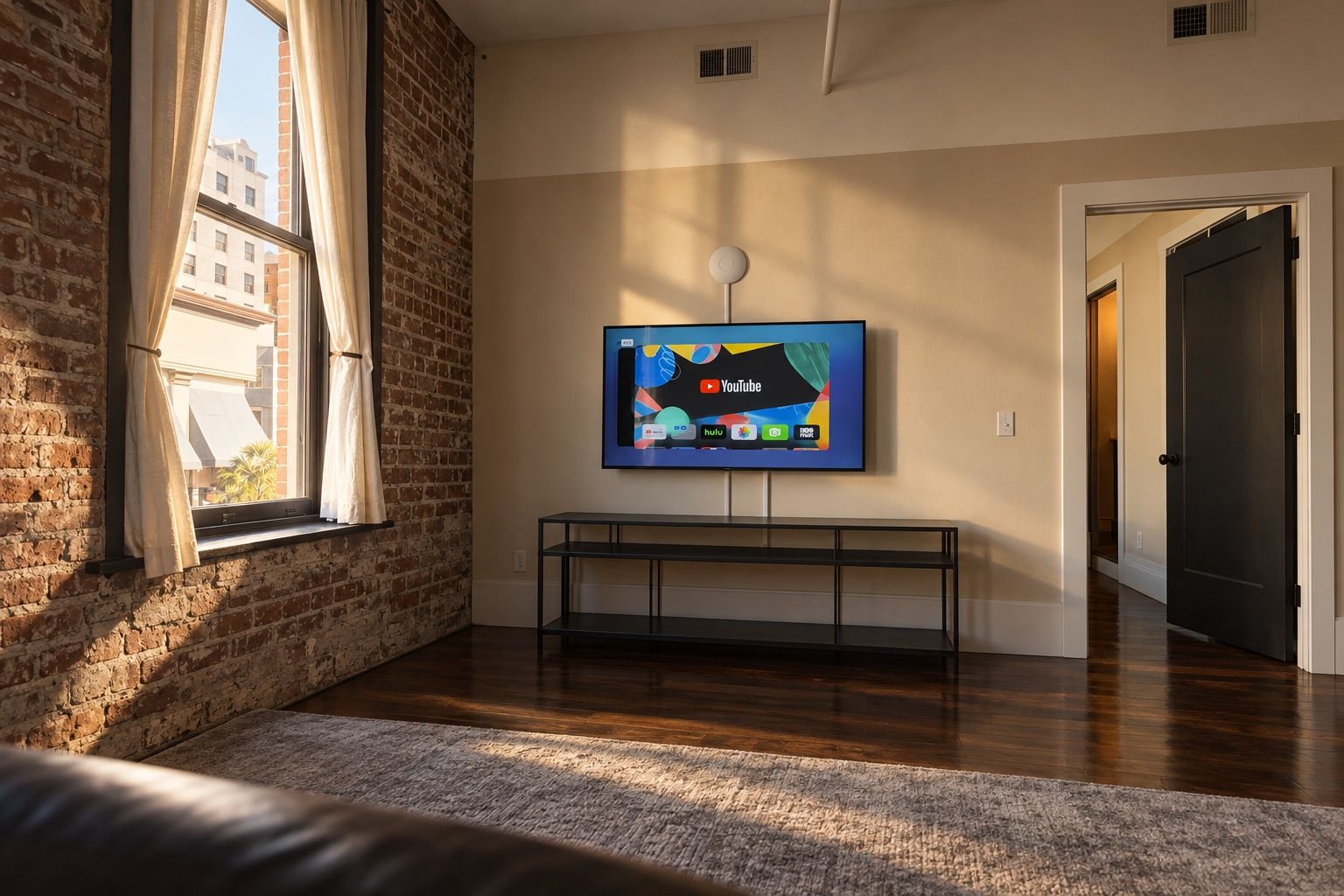 A modern living room with a flat-screen TV mounted on the wall, a bench, and a large window with curtains.