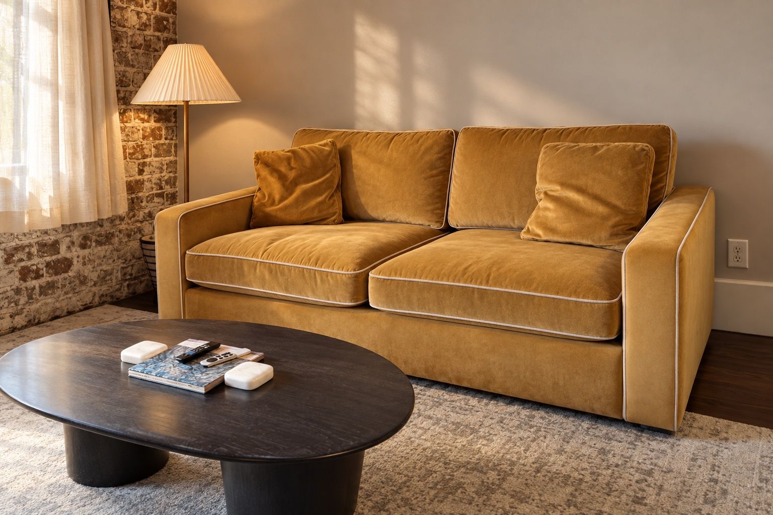 A modern living room with a sofa and a coffee table, a lamp, and a brick wall.