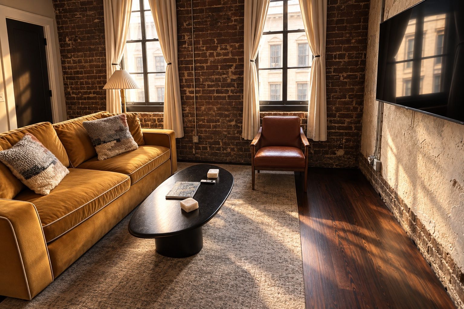 Une pièce avec un canapé en cuir marron, une table basse noire et un fauteuil en cuir marron. Un téléviseur est fixé au mur et il y a une fenêtre avec des rideaux.