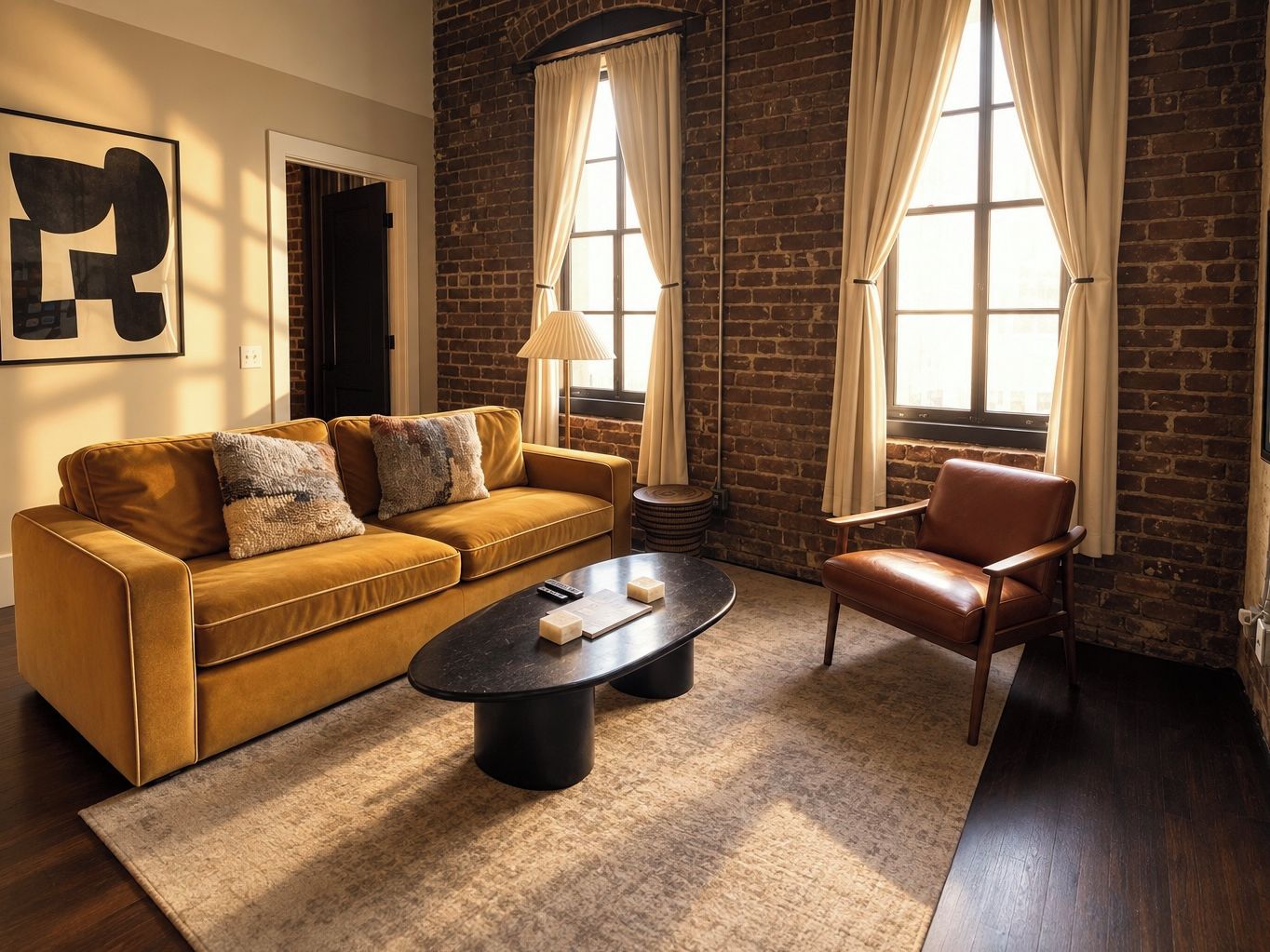 A living room with a brown sofa, a leather armchair, a round coffee table, and a lamp.