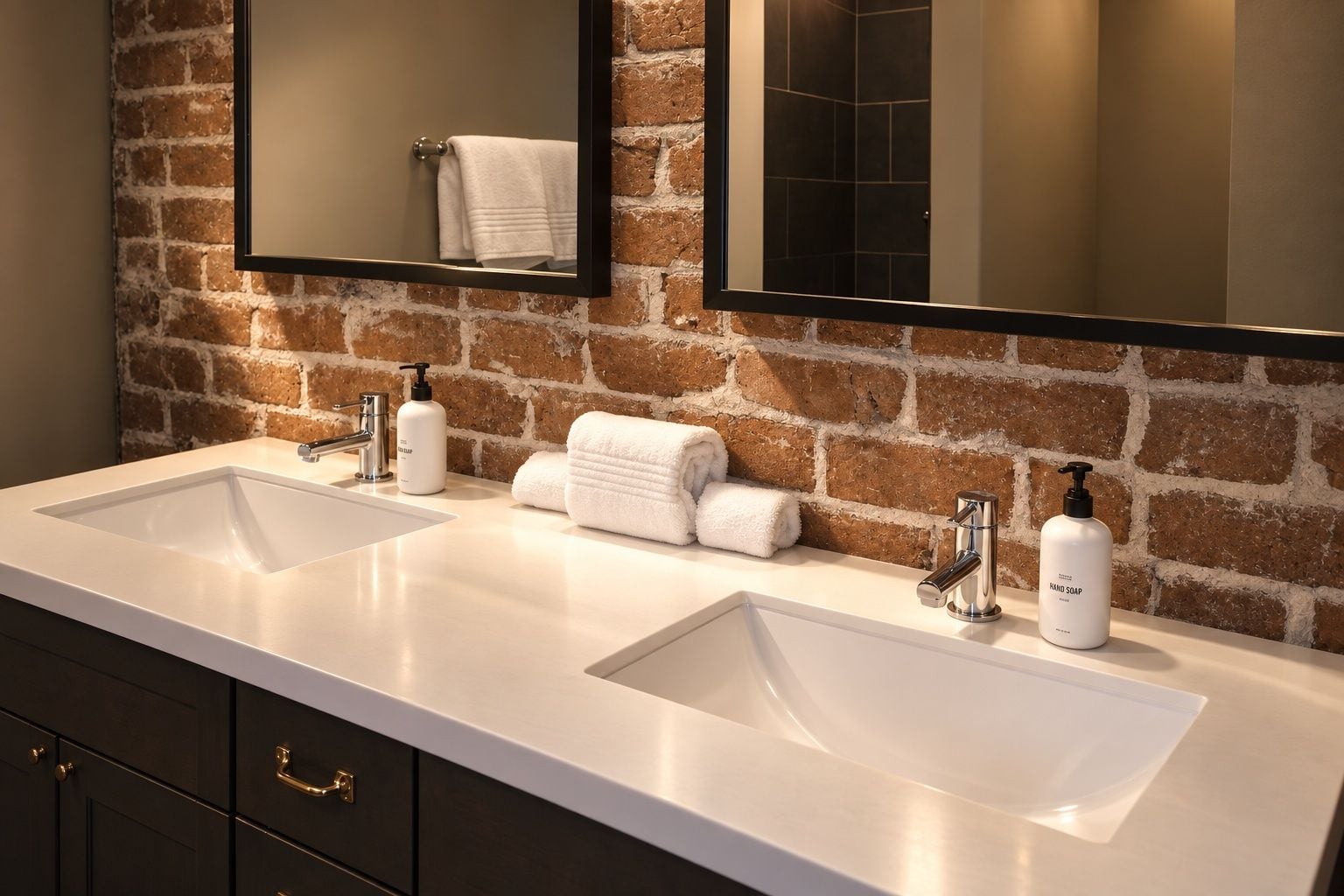 A bathroom with two sinks, a mirror, and a brick wall.