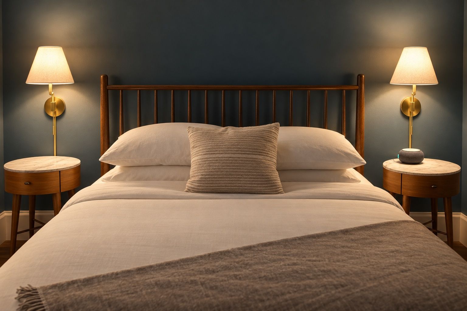 Ein ordentlich bezogenes Bett mit einem hölzernen Kopfteil, zwei Nachttischen mit Lampen und einer dunkelblauen Wand.