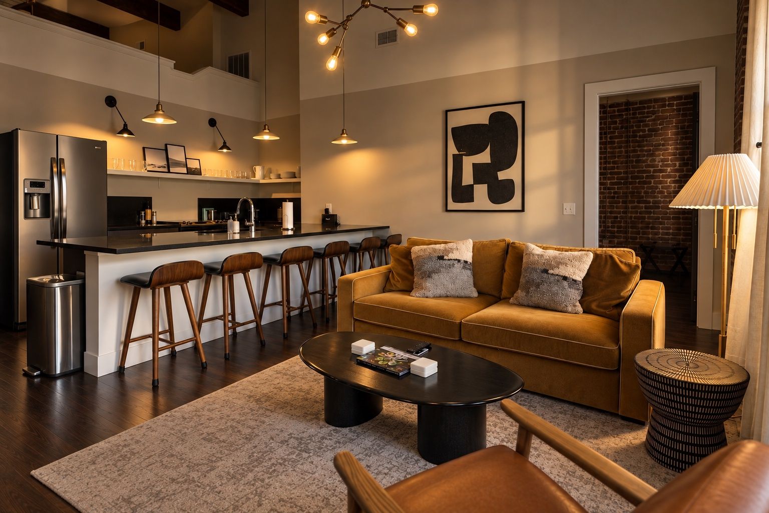 A modern kitchen with a bar area, a sofa set, and a coffee table.