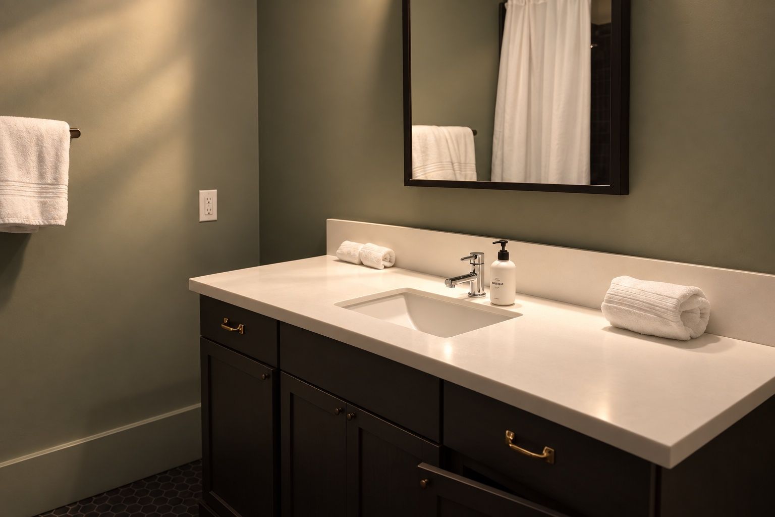 A bathroom with a white sink, a mirror, and two towels.