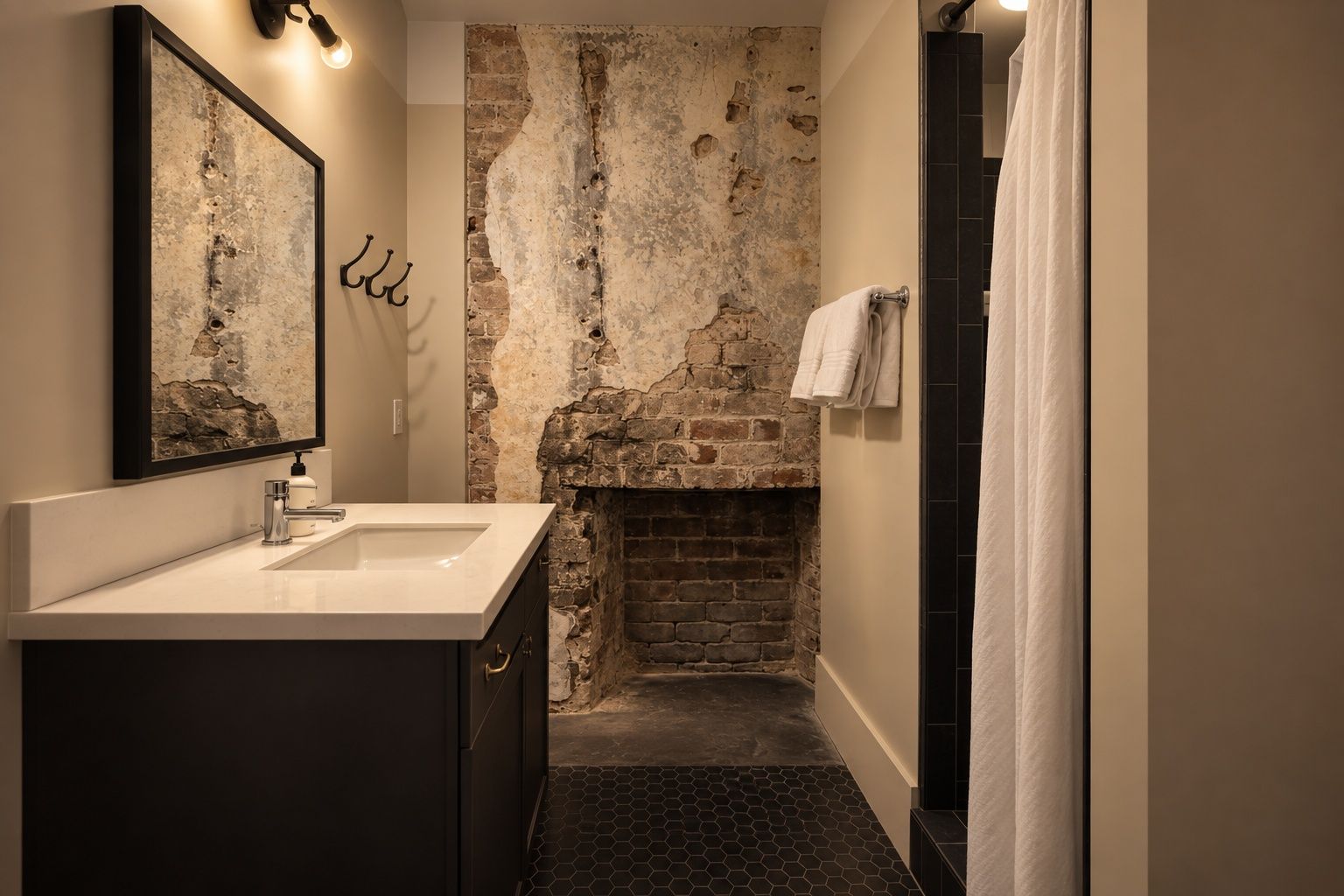 A bathroom with a stone wall, a sink, and a towel rack.