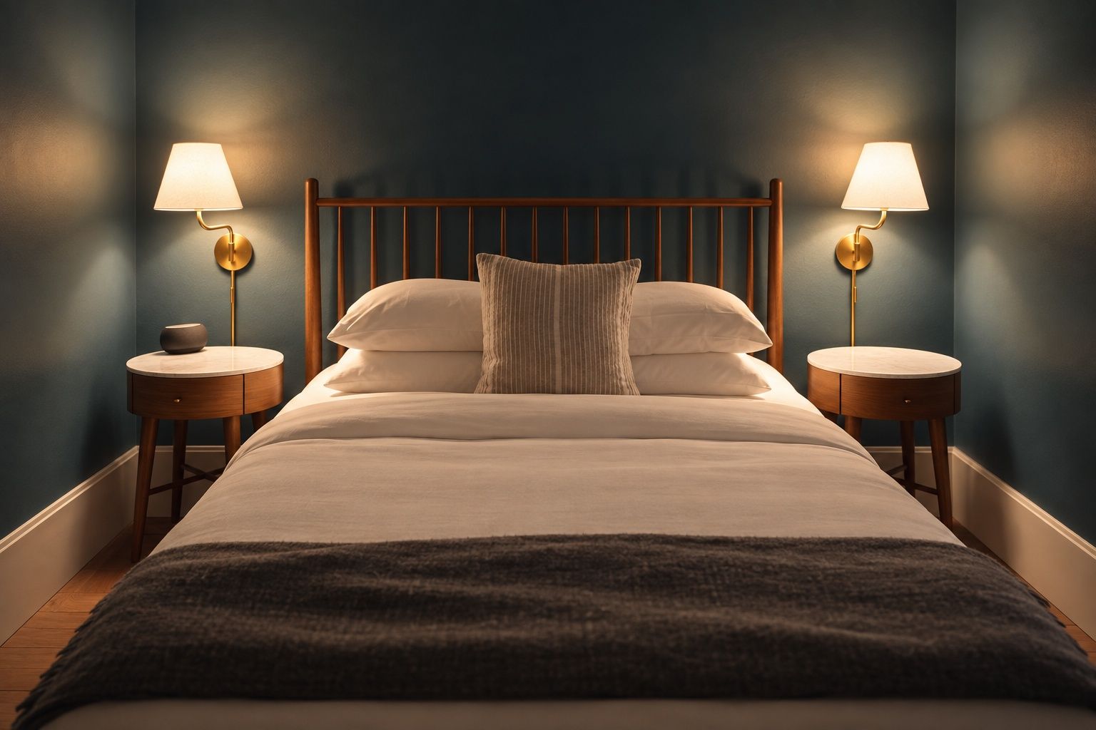 Un lit bien fait, avec une tête de lit en bois, flanqué de deux tables de chevet sur lesquelles sont posées des lampes, le tout adossé à un mur bleu foncé.