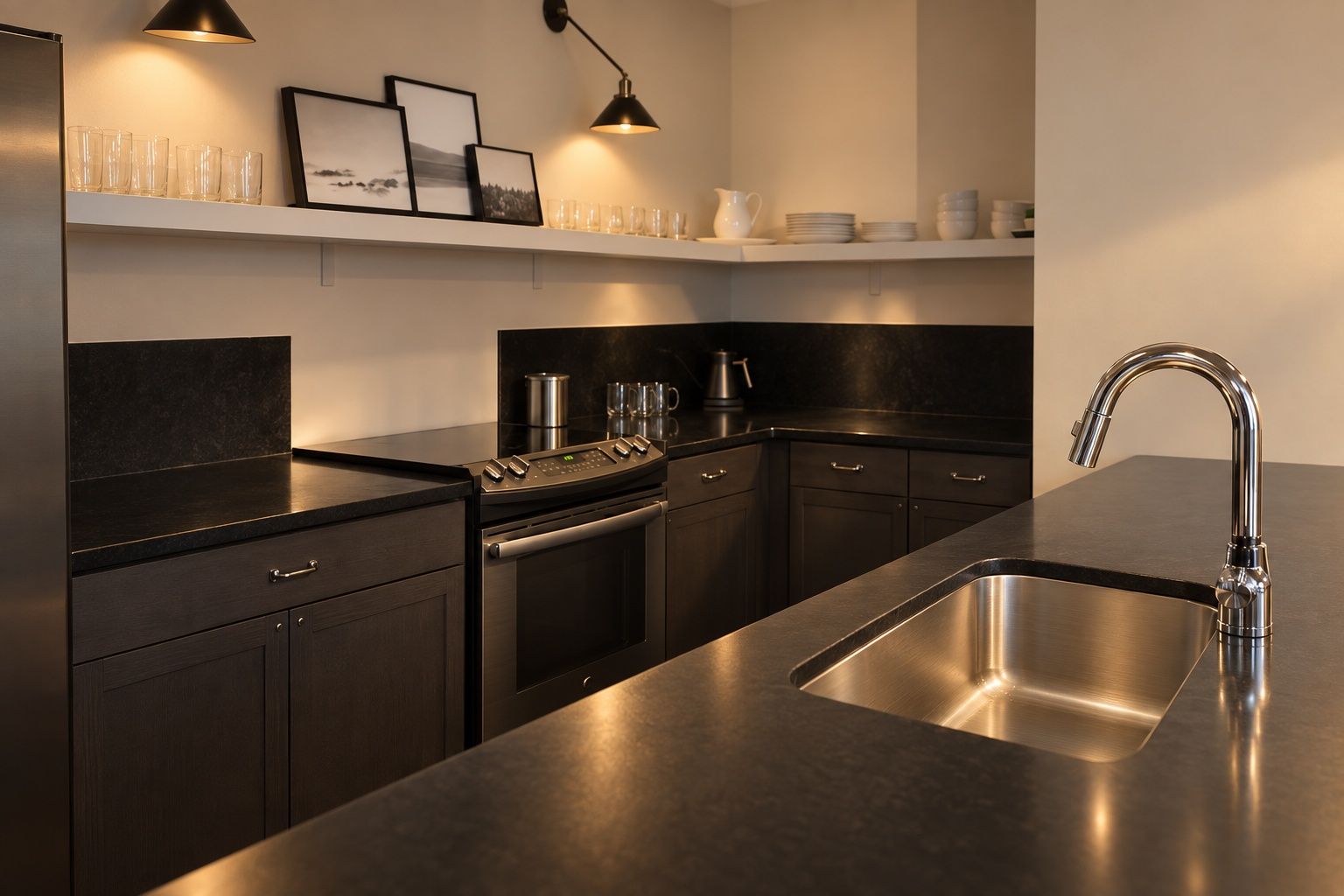 A modern kitchen with a stainless steel sink, black countertops, and a built-in oven.