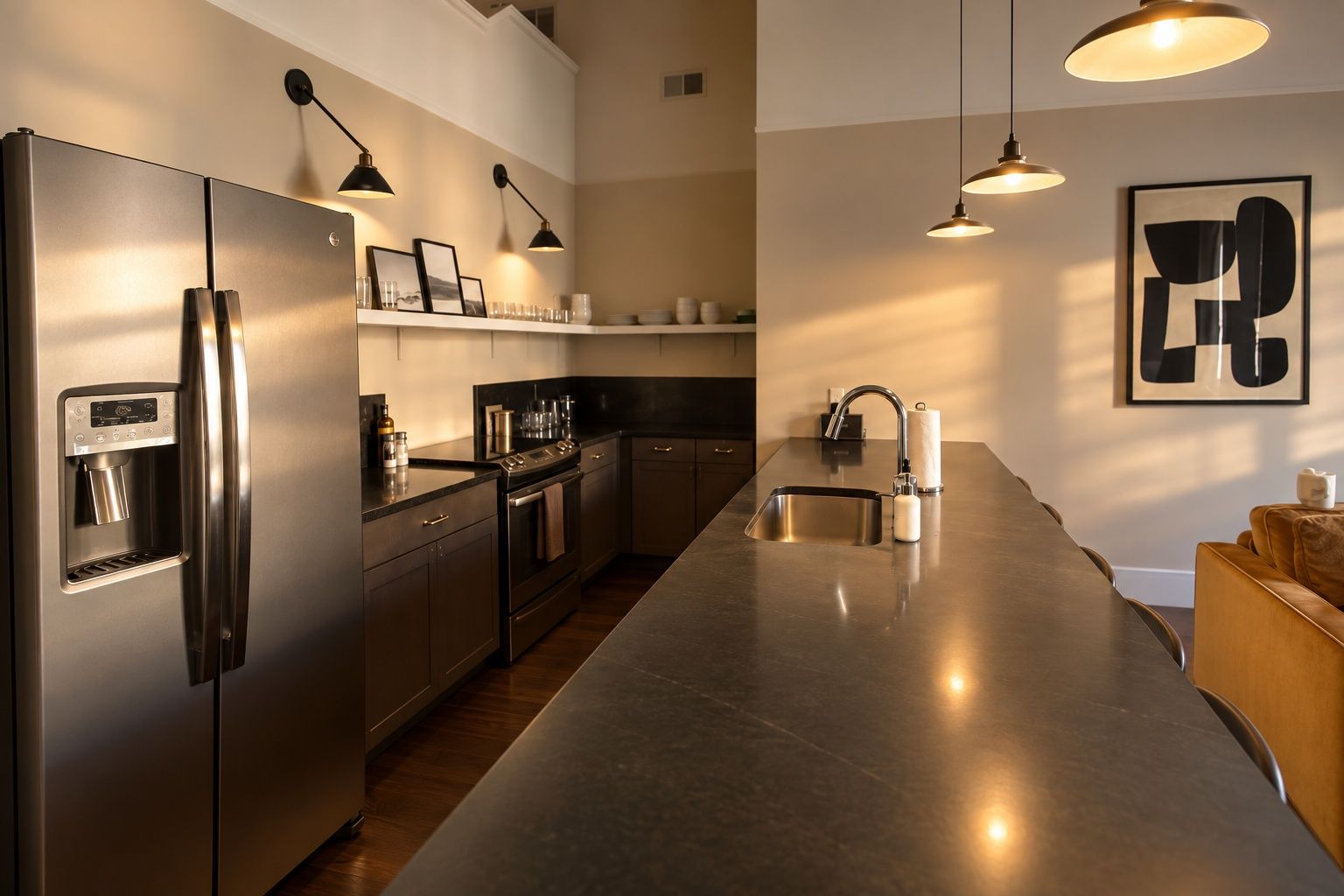A modern kitchen with stainless steel appliances, a built-in water dispenser, and pendant lighting.