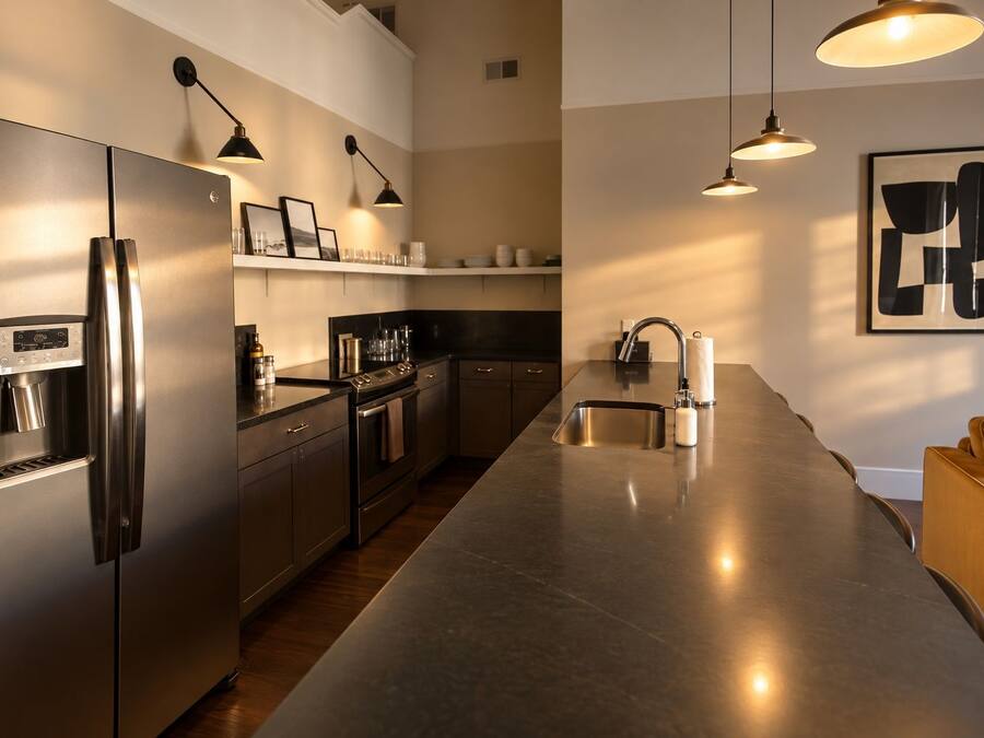 A modern kitchen with stainless steel appliances, a built-in water dispenser, and pendant lighting.