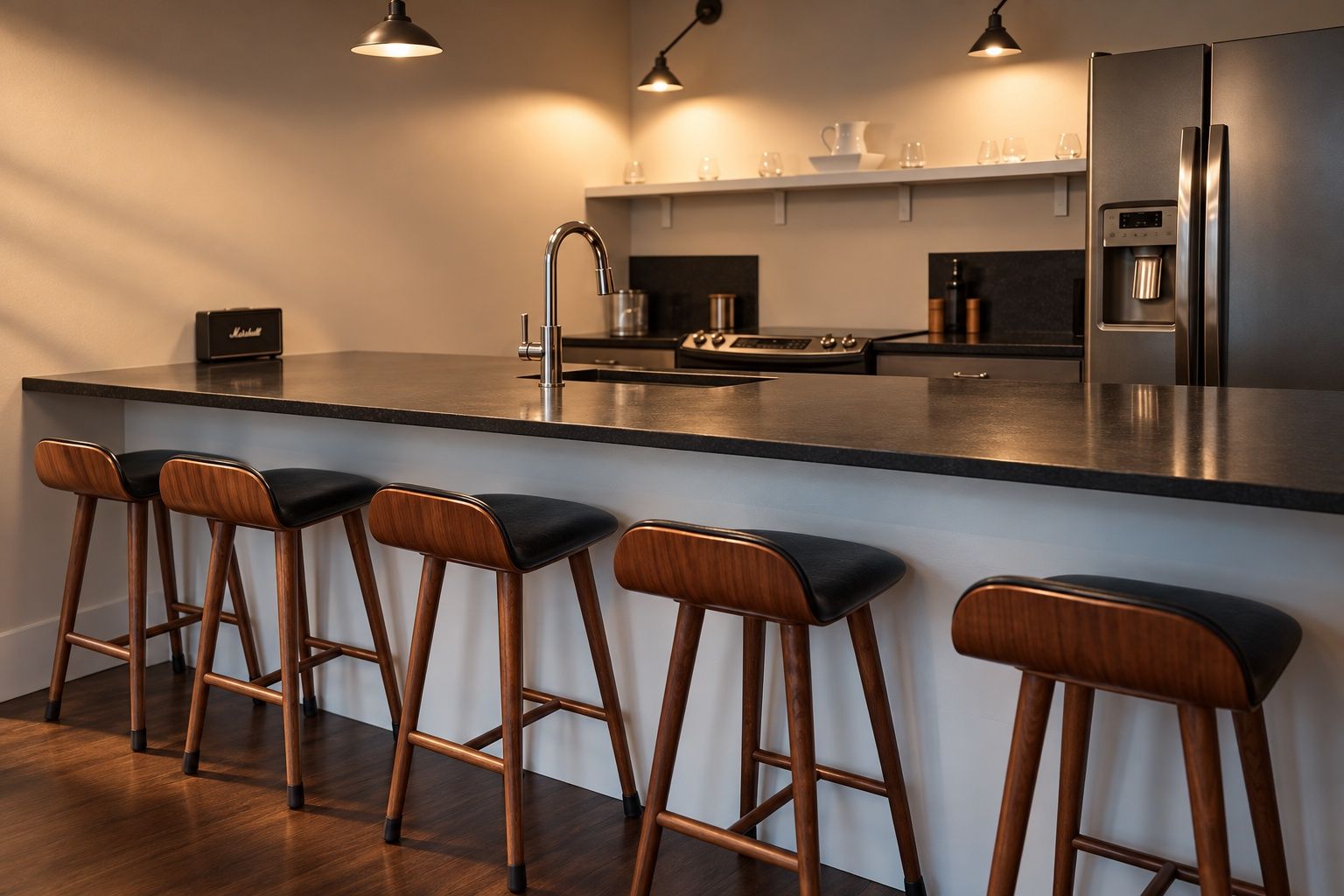 Une cuisine moderne dotée d’un îlot central, de tabourets de bar, d’appareils électroménagers en acier inoxydable et de luminaires suspendus.