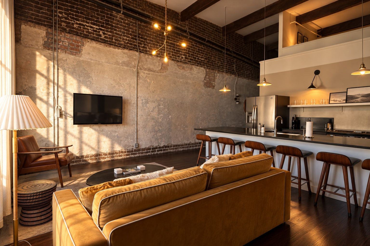A modern living space with a sofa, a coffee table, a TV, and a kitchen area with bar stools.