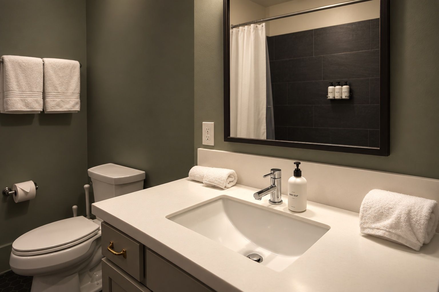 Une salle de bain moderne avec un lavabo blanc, un miroir et des toilettes.