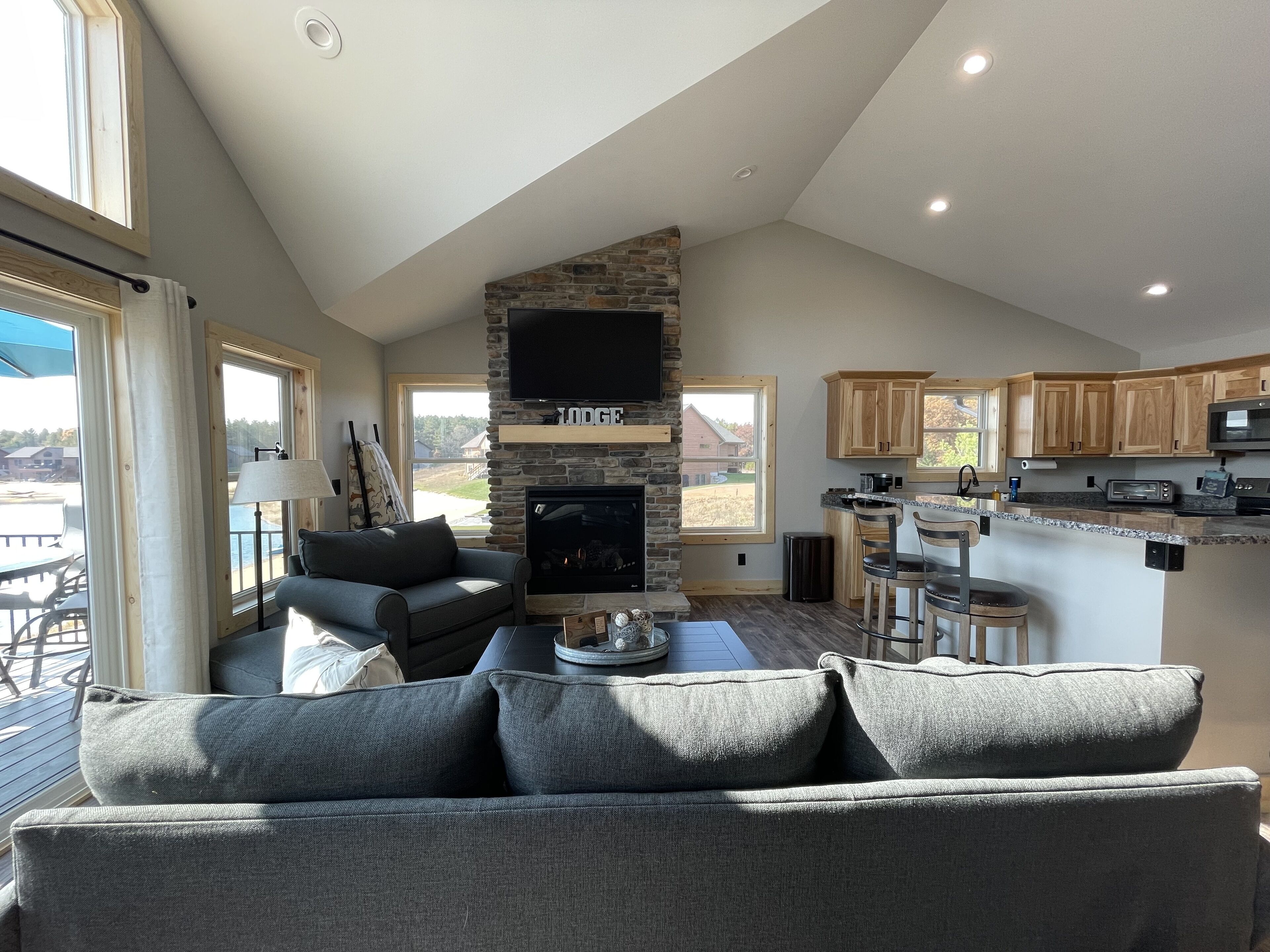 Smart TV, fireplace, books