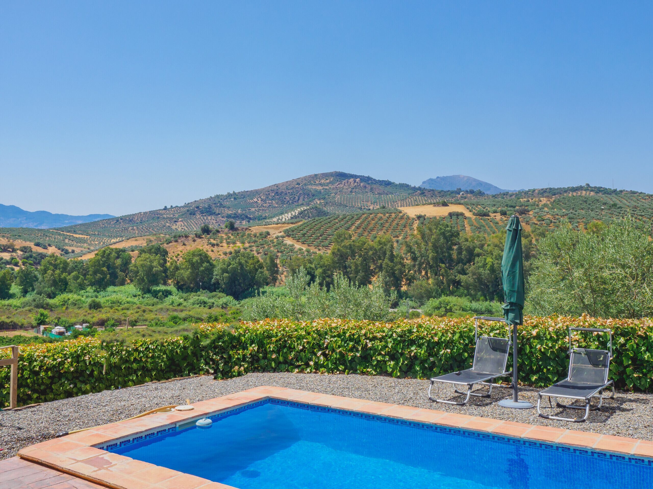 A swimming pool with lounge chairs and an umbrella, surrounded by a landscaped garden and a view of rolling hills.