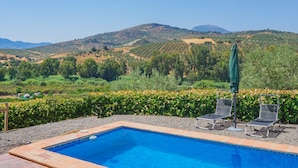 A swimming pool with lounge chairs and an umbrella, surrounded by a landscaped garden and a view of rolling hills. - Cubo's Casa Rio Grande / private pool / rural (Guaro)