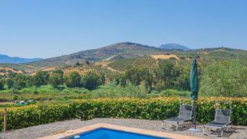 A swimming pool with lounge chairs and an umbrella, surrounded by a landscaped garden and a view of rolling hills.