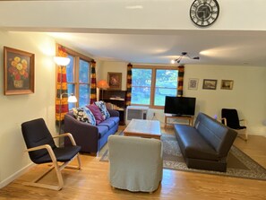 Smart TV, fireplace, books