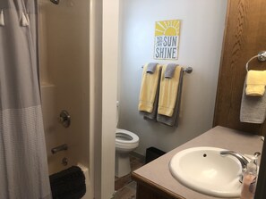 Bathtub, hair dryer, towels, soap