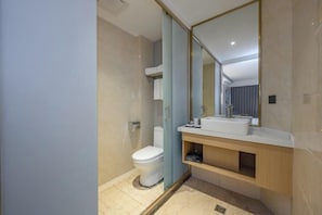 A modern bathroom with a toilet, sink, and mirror.
