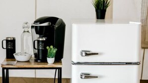 A kitchenette with a white refrigerator, a coffee maker, a glass carafe, a bowl, and a small potted plant on a wooden table. - Deluxe Safari Tent Glamping at Unicoi in Helen GA - 15 (Helen)