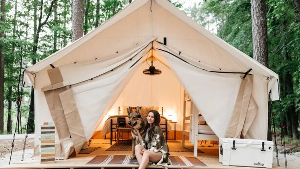 Een tent met een centraal lichtarmatuur, een tafel en een hond.