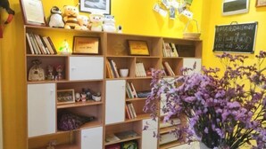 Une pièce avec un mur jaune, des étagères en bois ornées de livres et d’objets décoratifs, un certificat encadré et une plante en pot aux fleurs violettes.
