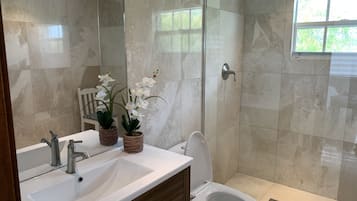 Shower, hair dryer, towels, soap