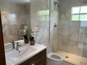 Douche, sèche-cheveux, serviettes fournies, savon