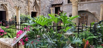 Un patio con arquitectura de piedra, cercado por una valla de metal negro y abundante vegetación.