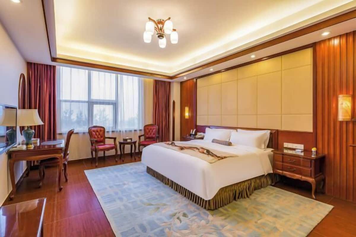 A hotel room with a large bed, a desk, a chair, a small table, and a window.
