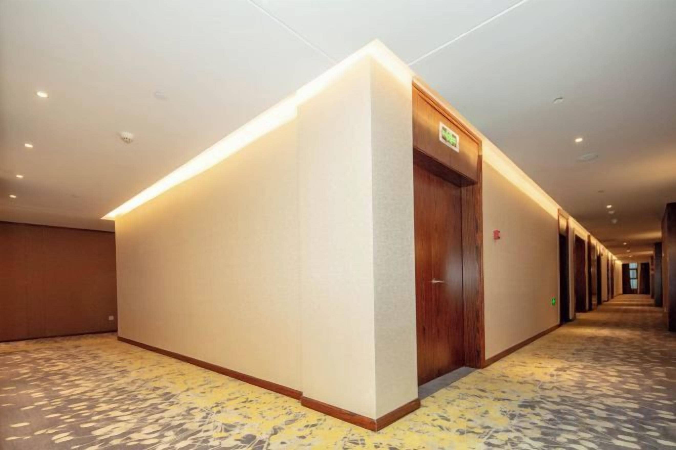 A hotel hallway with a reception desk, a wooden door, and a carpeted floor.