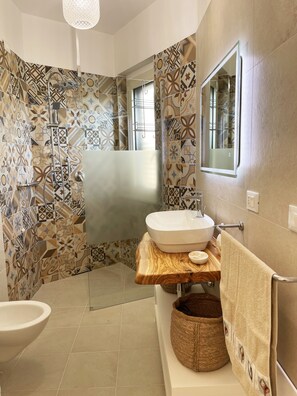 Shower, hair dryer, bathrobes, slippers